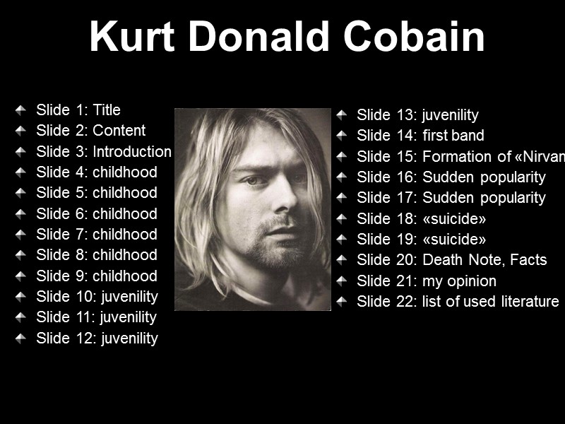 Kurt Donald Cobain Slide 1: Title Slide 2: Content Slide 3: Introduction Slide 4:
